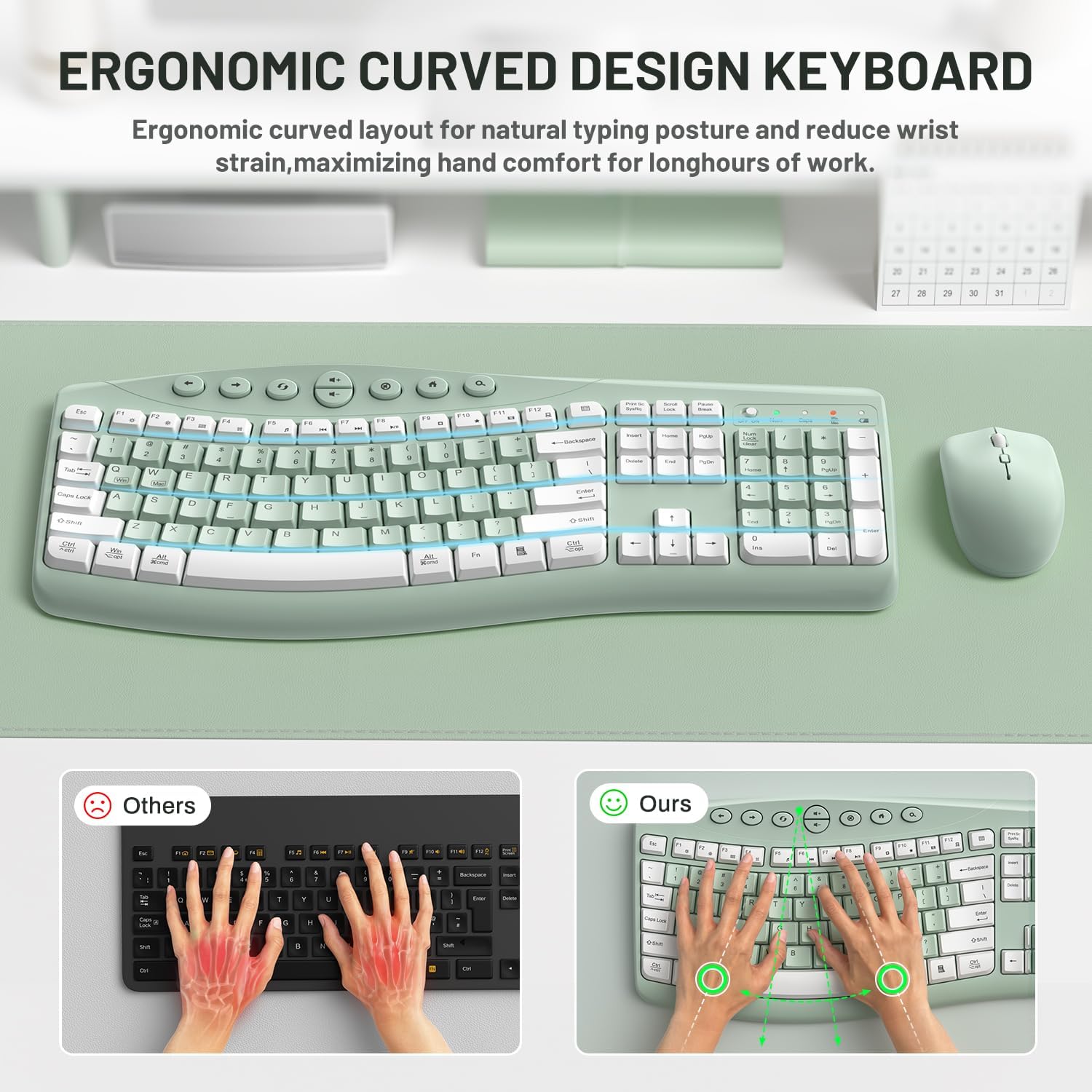 Thumbnail 2 de RECCAZR Wireless Keyboard and Mouse Combo, Quiet Curved Design, Avocado Green