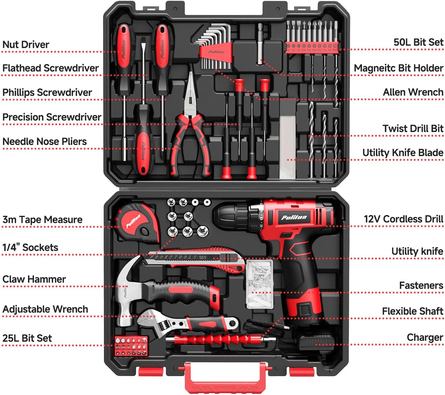 Detalle de PULITUO 149-Piece Home Drill Set with 12V Cordless Drill, LED Light and Tool Box