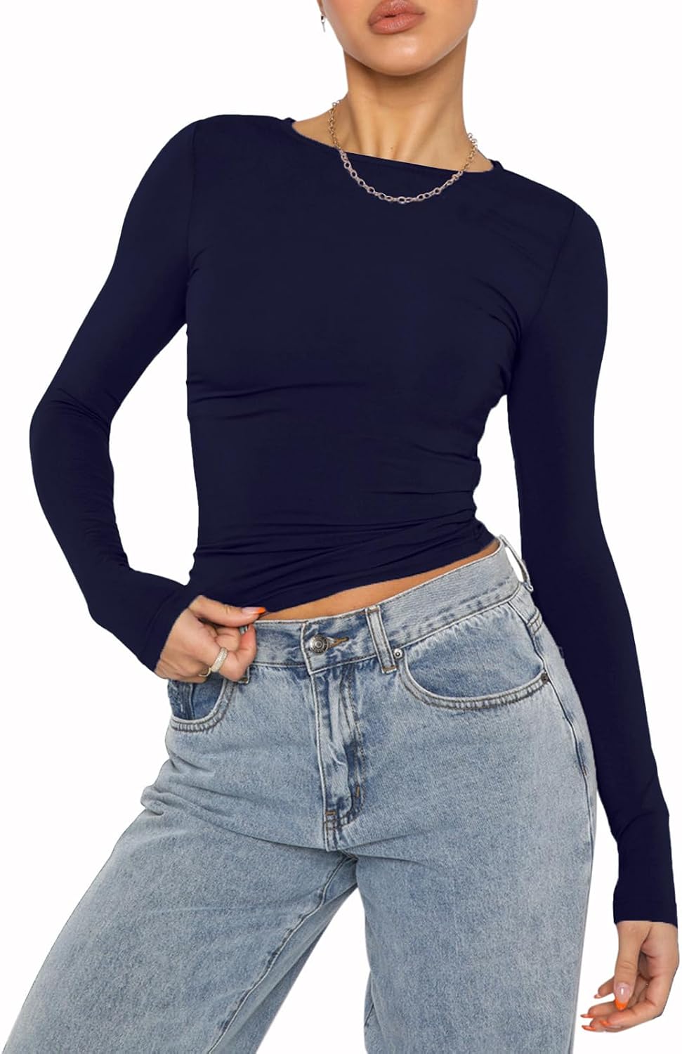 Detalle 2 de Women’s casual crop tops slim fit long sleeve crew neck fitted T-shirt (polyester)