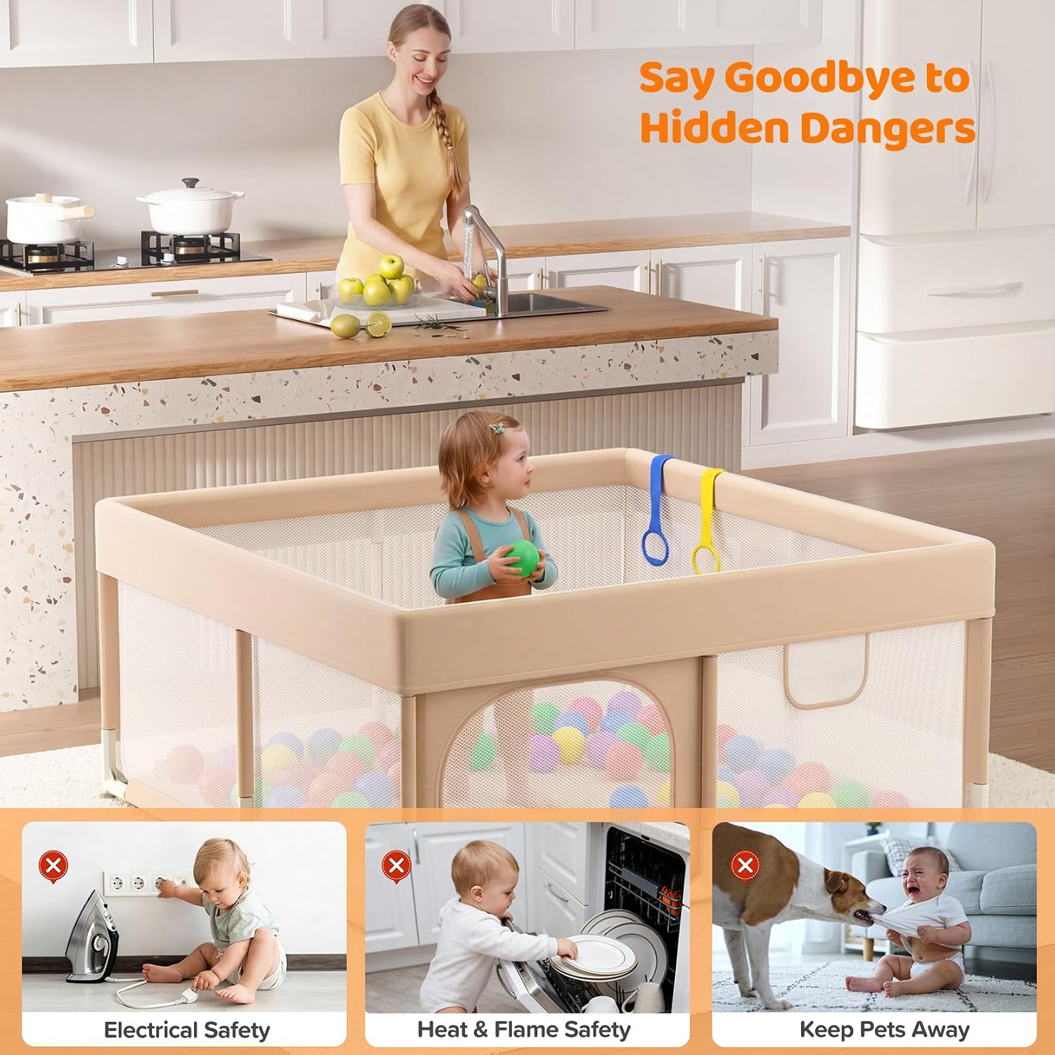 Thumbnail 3 de Dripex 124 x 124 cm Baby Playpen with Mat, Mesh Sides, Beige