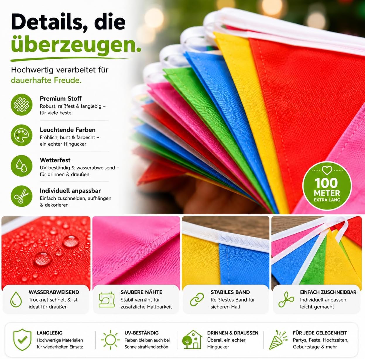Detalle de XXL Wimpelkette Stoff 100 Meter bunt – Girlande & Banner für Indoor und Outdoor Deko