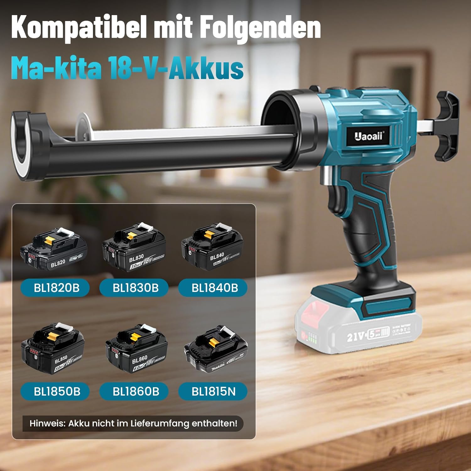 Detalle de Uaoaii Akku-Kartuschenpistole – 18V kompatibel mit Makita, LED-Licht, 4 Geschwindigkeiten, 300-ml Kartuschen