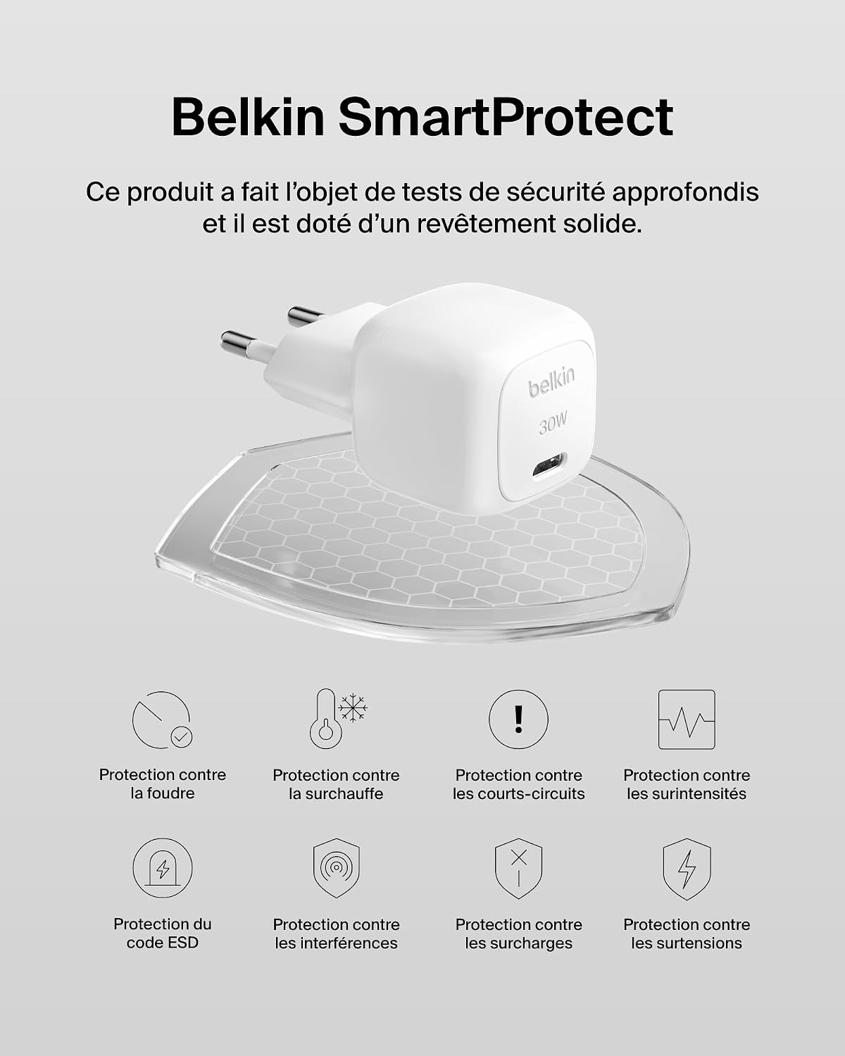 Detalle de Belkin Chargeur secteur compact BoostCharge 30 W USB‑C Power Delivery (câble USB‑C vers C inclus, blanc)