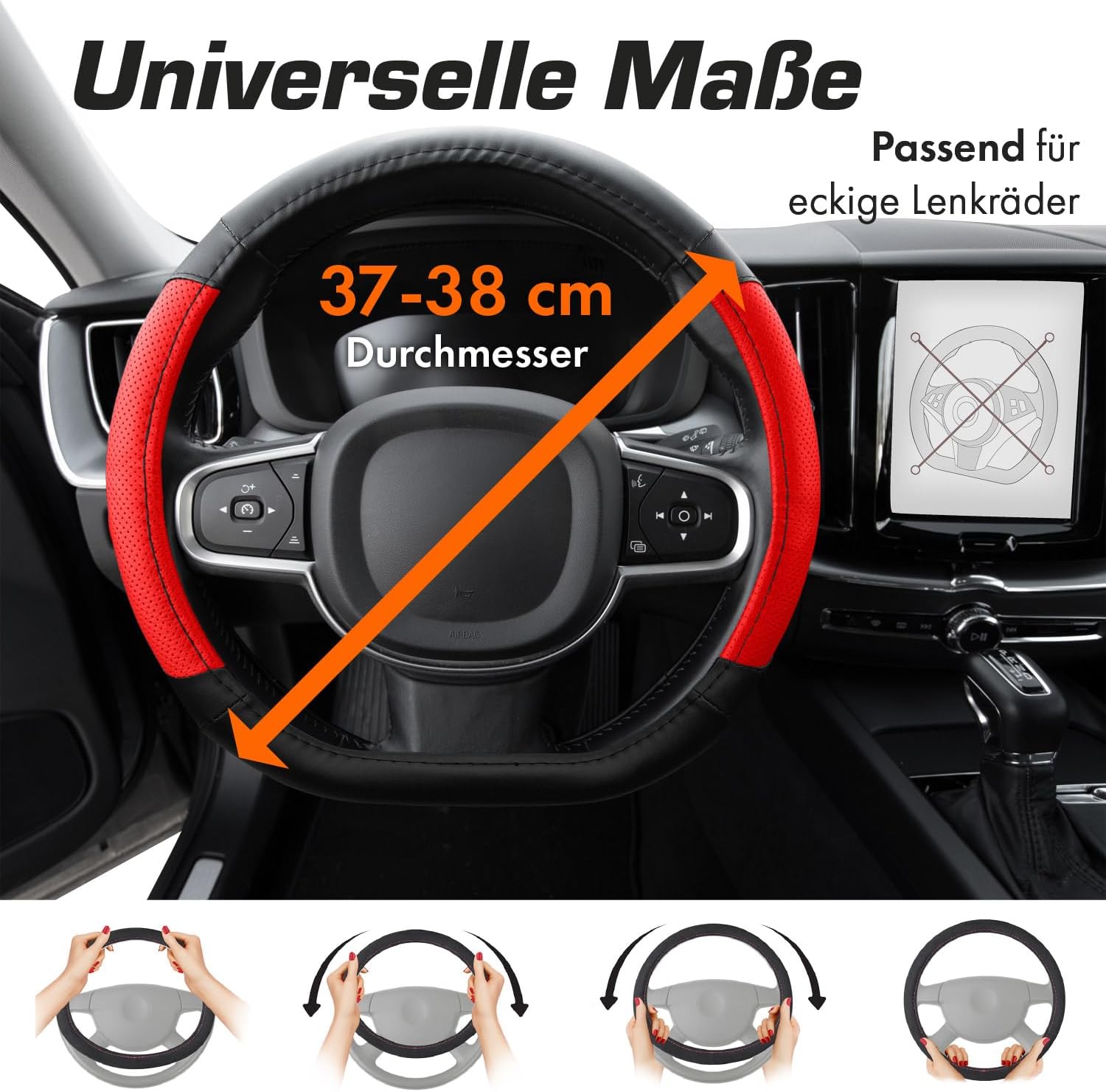 Detalle de Upgrade4cars D-Form Lenkradbezug in Rot (Lenkradschoner universal, 37–38 cm)