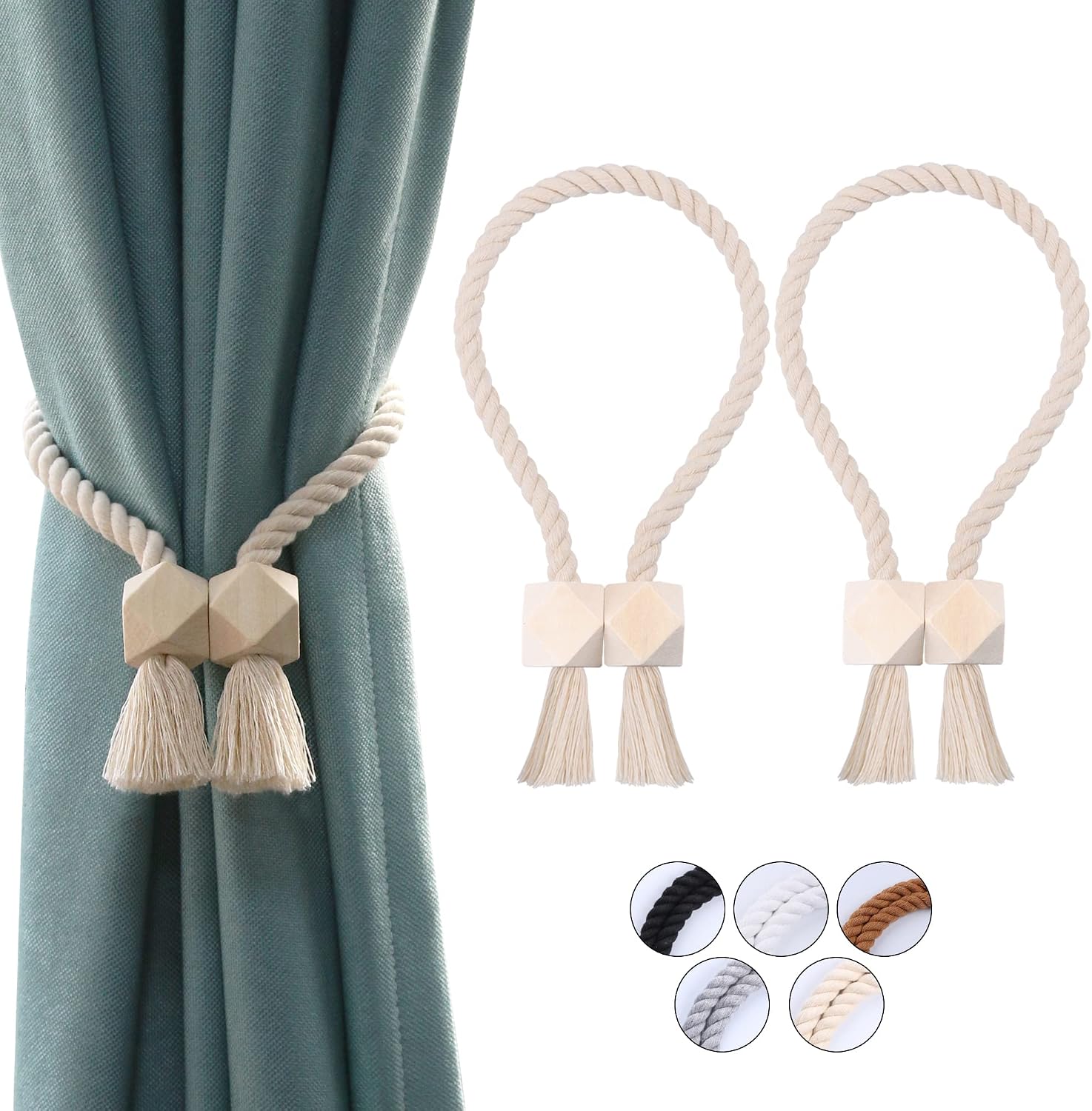 Detalle de OCIOLI CT-3 magnetische gordijnbinders, handgeweven katoen, beige, set van 2
