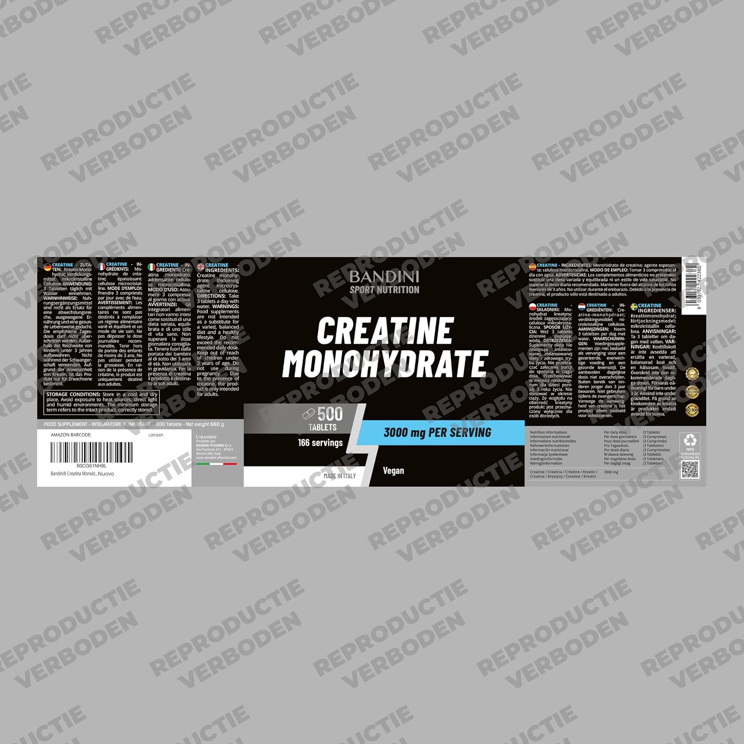 Detalle 1 de BANDINI Creatine Monohydraat tabletten, 500 stuks, 3.000 mg per dag