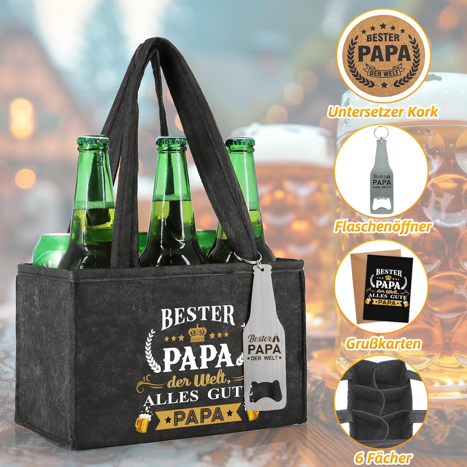 Detalle de WenmthG Geschenk-Set: Bierträger-Masche für Papa – 6 Flaschen, Flaschenöffner, Grußkarte und Untersetzer