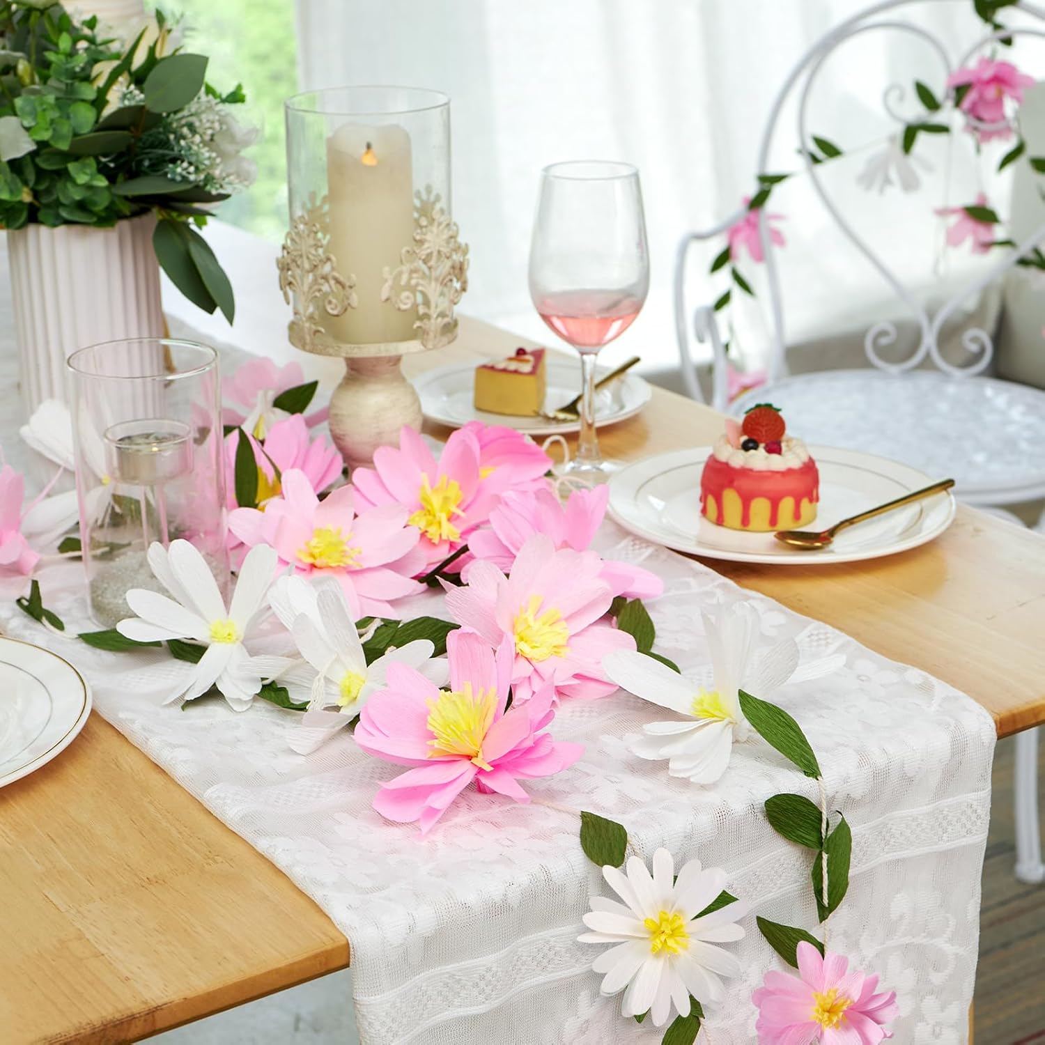 Thumbnail 6 de SUNBEAUTY Spring Wildflowers Garland Crepe Paper Flower Banner (Pink & White) – 2-Pack
