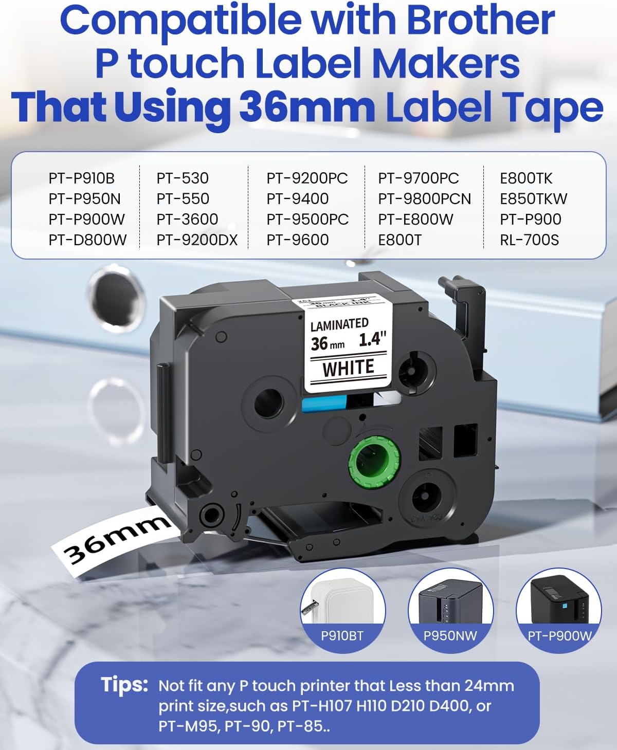 Detalle de MarkField TZe-261 36mm Schriftband – 4er-Pack, Schwarz auf Weiß, kompatibel mit Brother P-Touch