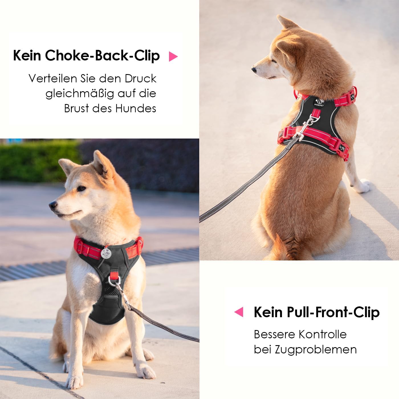 Detalle de PHOEPET Anti-Zug Hundegeschirr mit reflektierenden, verstellbaren Riemen (M, schwarze Basis & rote Träger)