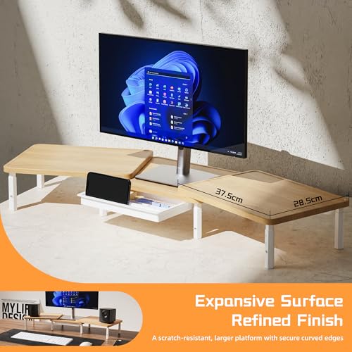 Detalle de ETHU Dual Monitor Stand Riser with Drawer 75-103.4cm, Oak