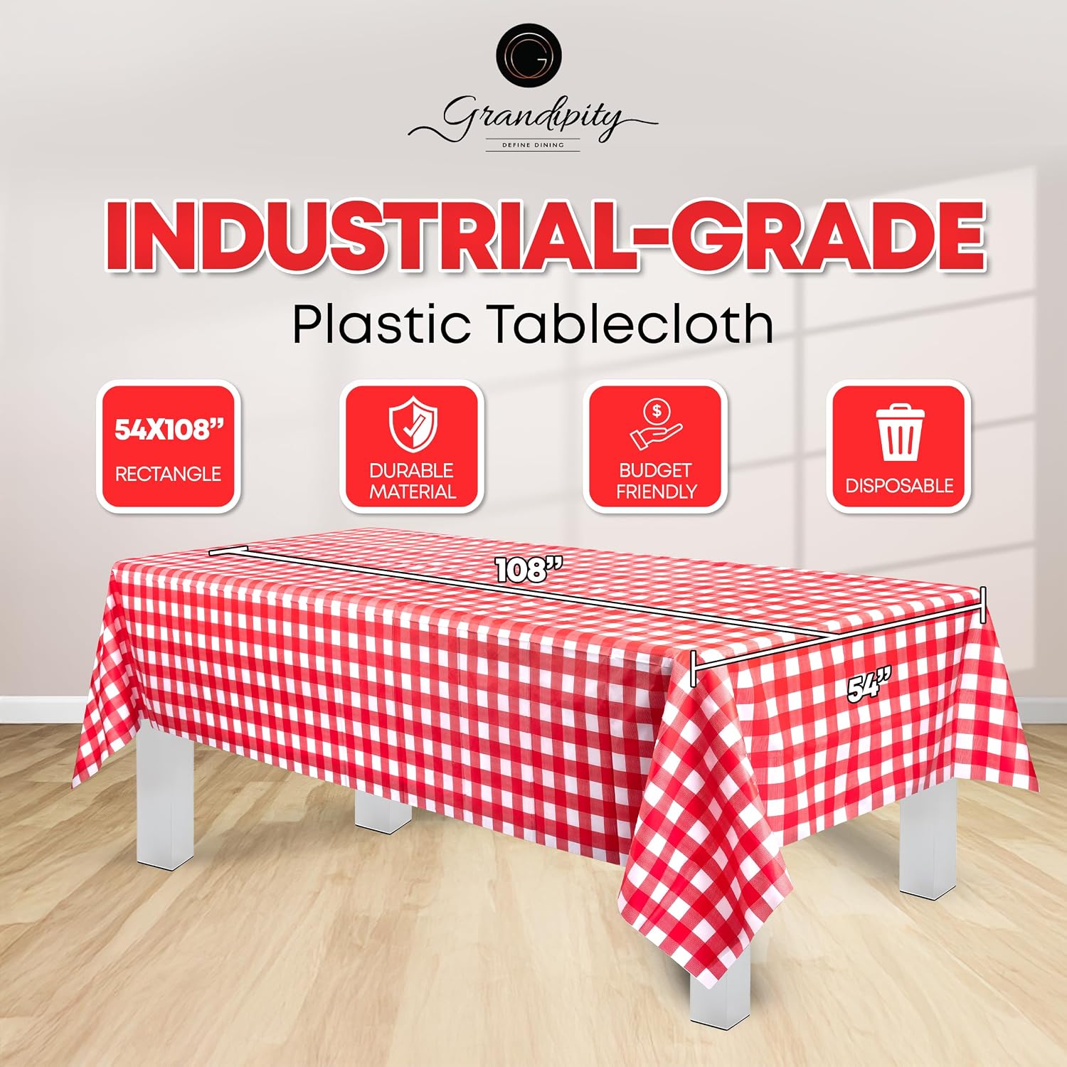 Detalle de Grandipity Red Gingham Checkered Plastic Table Cloth (6 Pack) 54x108 inches for Rectangle Tables