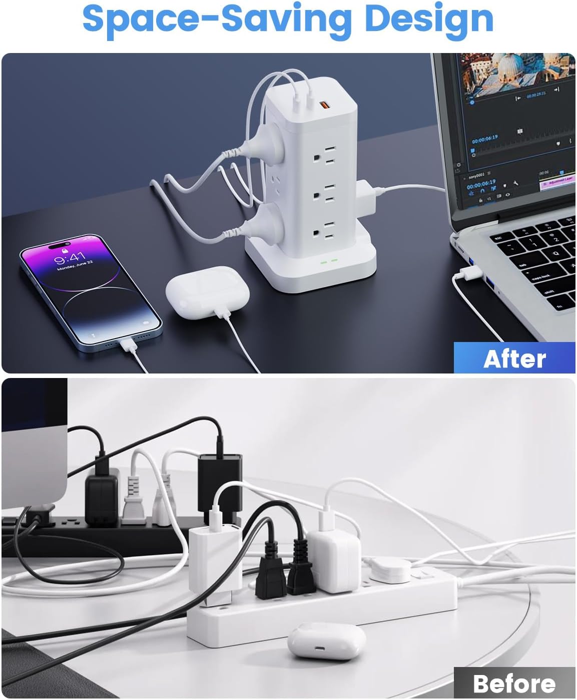 Thumbnail 6 de Power Strip Tower with Surge Protector 1800J (15-in-1) with PD20W USB-C, 12 AC Outlets, 10ft Extension Cord, White