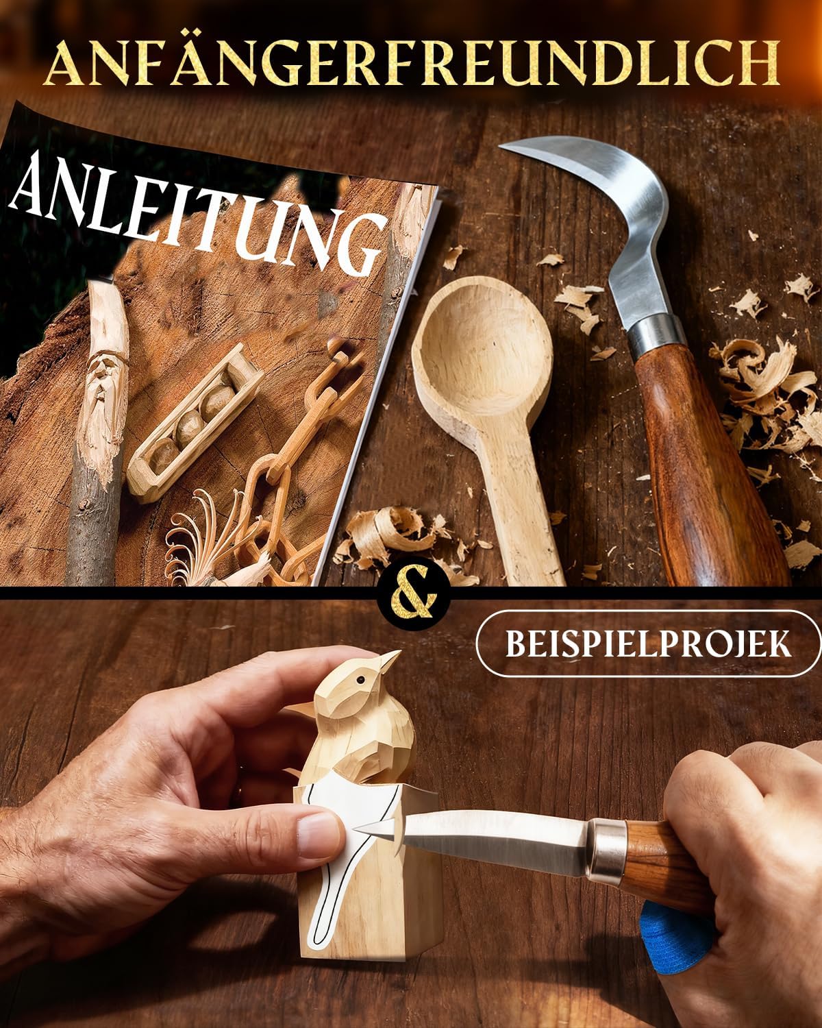 Detalle de Bluvizo Schnitzwerkzeug Holz Schnitzset für Anfänger (25-teilig) inkl. Anleitung, Handschuhe und Lindenholz