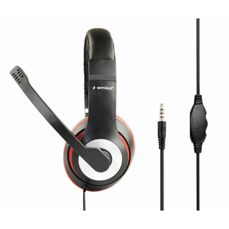 Detalle 1 de Gembird Auriculares Estéreo con Micrófono Negro/Rojo – Diadema, con cable 1,8 m y conector 3,5 mm