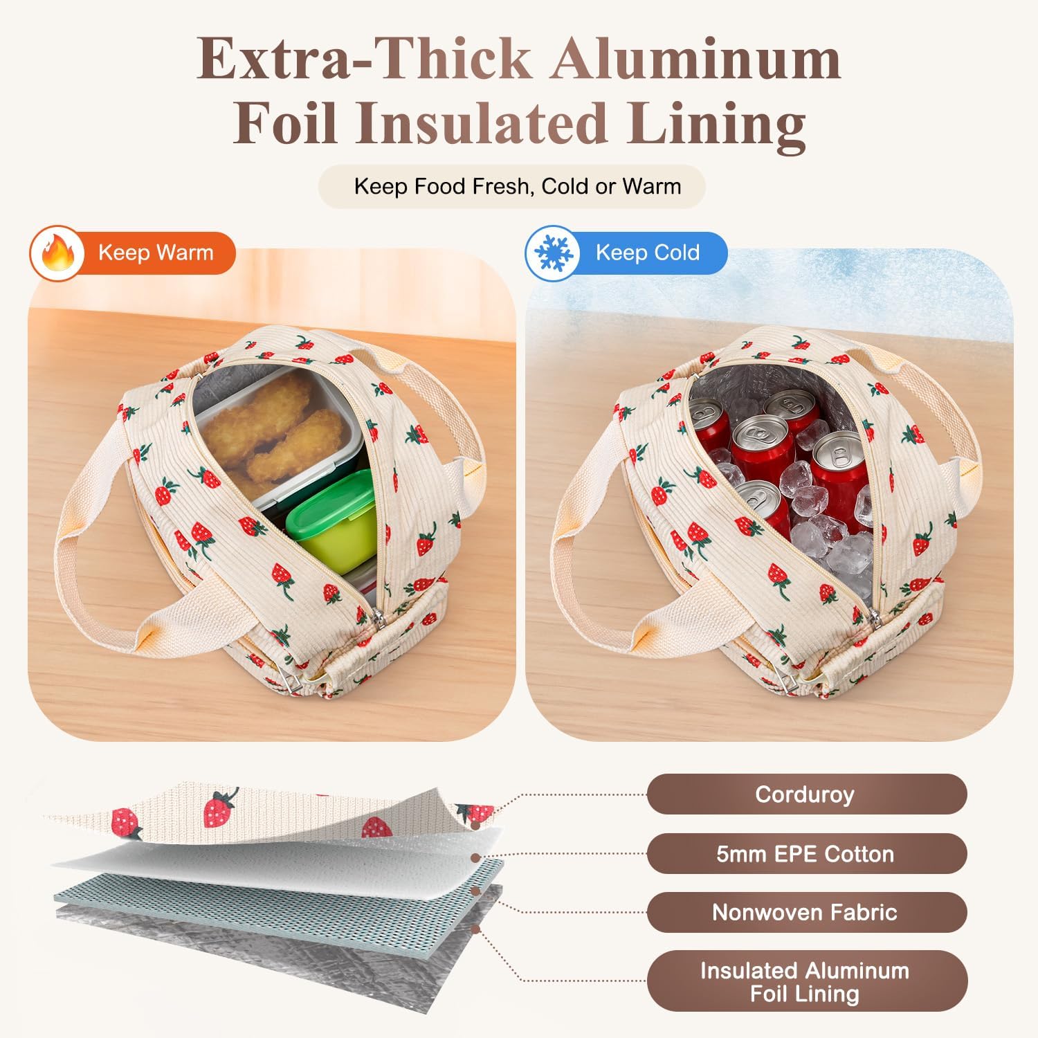 Thumbnail 1 de KUBYA Lunch Box for Women: Cute Strawberry Corduroy Insulated Tote
