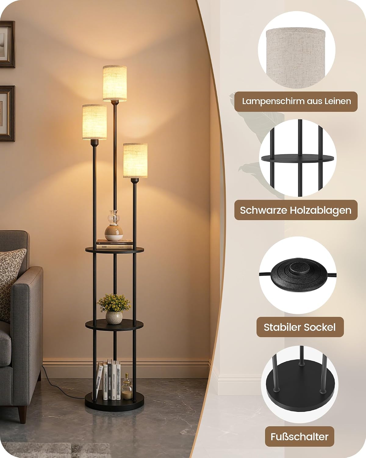 Detalle 2 de GOEBLESON Stehlampe Wohnzimmer mit Ablage – 3‑flammige Regal-Stehlampe ZE53LDD05, retro schwarz/beige