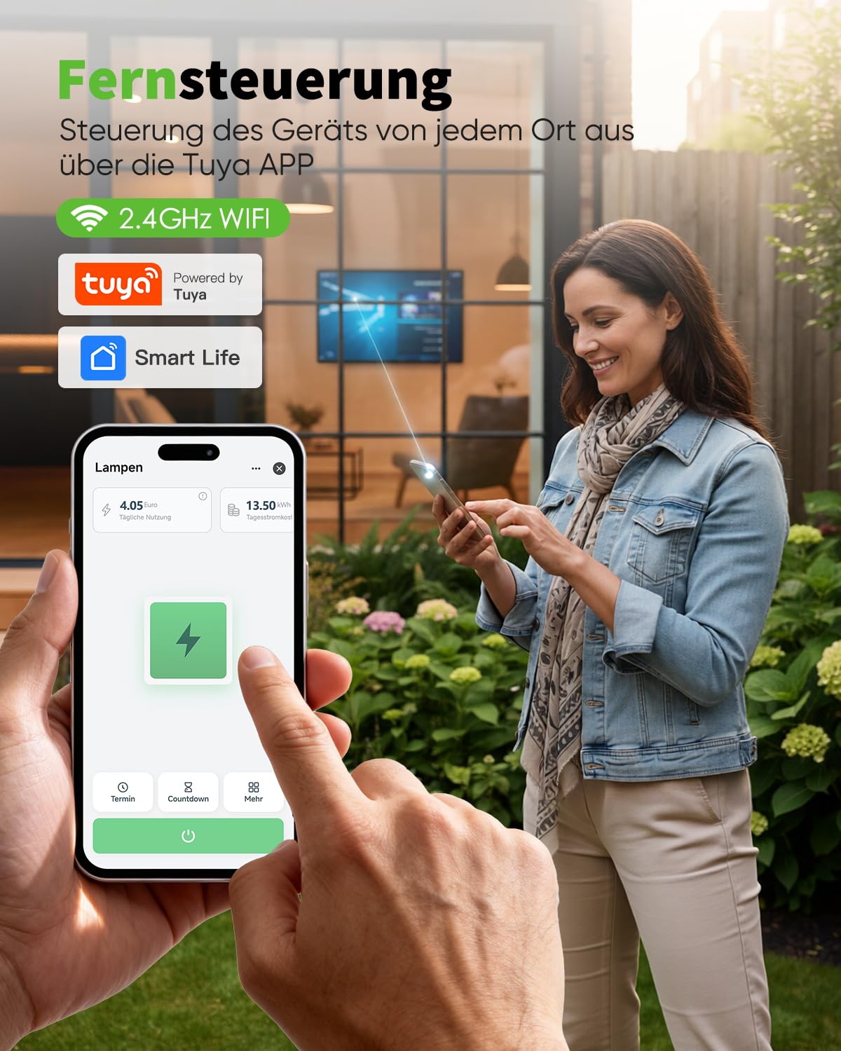 Detalle de GreenSun WLAN-Steckdose mit Stromzähler für Smart Life, App-Steuerung, Zeitschaltuhr & Sprachsteuerung (Alexa & Google)