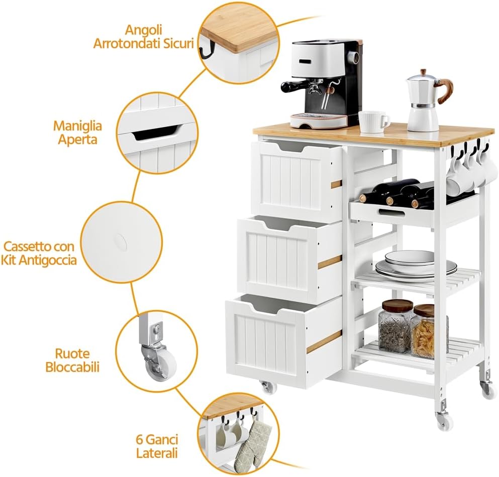Detalle de Yaheetech Carrello Cucina con Ruote 3 Cassetti e 3 Ripiani in Legno — Salvaspazio, Bianco, 67×37×84,5 cm