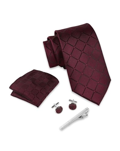 Detalle de Massi Morino Cravatta Bordeaux a Quadri Set Uomo con Fazzoletto da Taschino, Gemelli, Fermacravatta e Confezione Regalo – 5 in 1