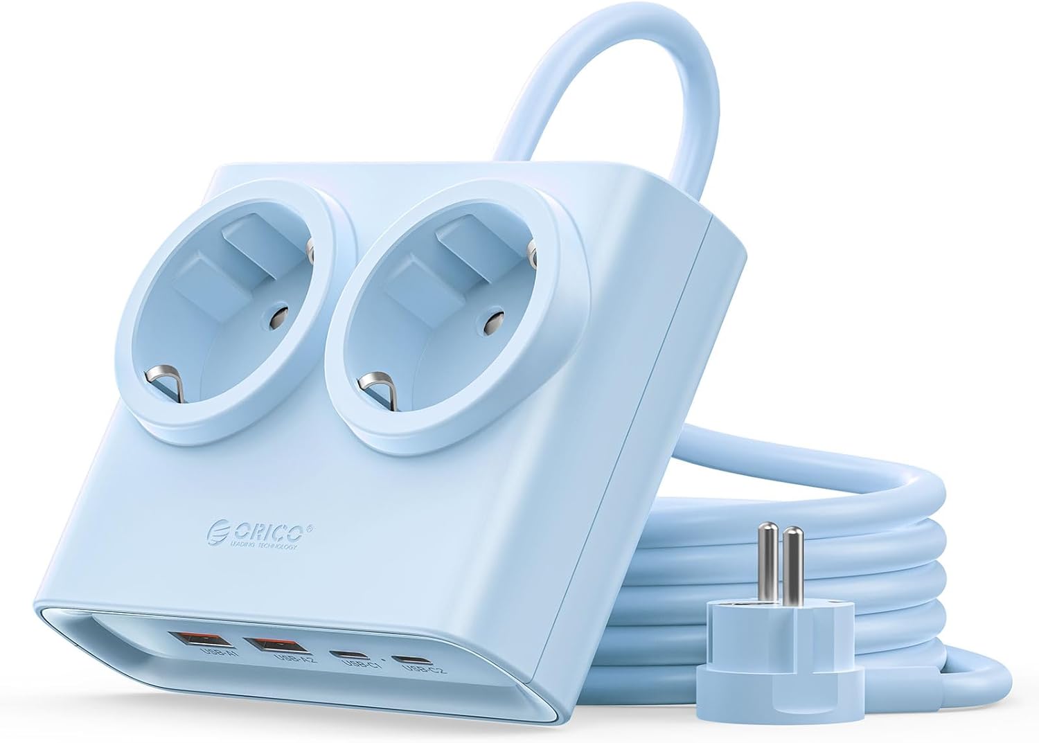 Detalle de ORICO 25W GaN Mehrfachsteckdose 6-in-1 Blau – 2x AC, 2x USB-A, 2x USB-C PD, 1,6 m Kabel