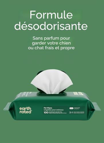 Detalle de Earth Rated Lingettes hypoallergéniques pour Chiens – Nettoyantes et Anti-odeurs, sans parfum, 100 lingettes