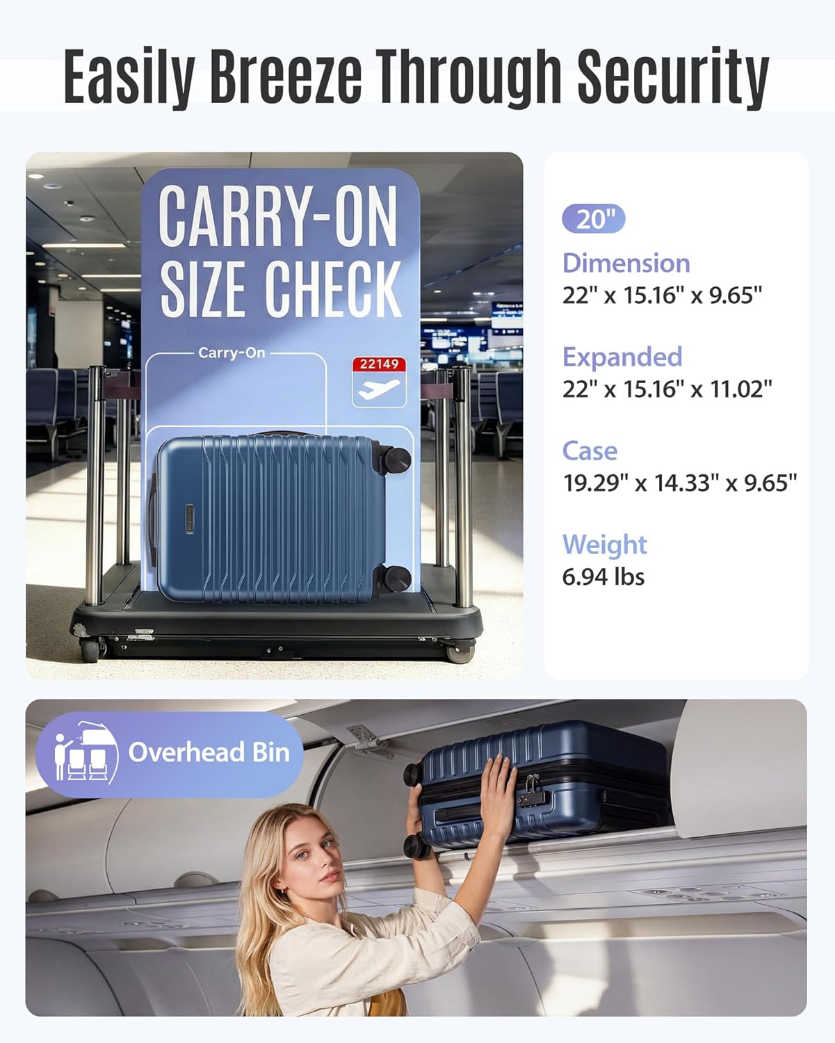 Detalle de LIGHT FLIGHT Expandable Carry On Luggage 22x14x9 – 20-Inch Lightweight ABS Case with TSA Lock