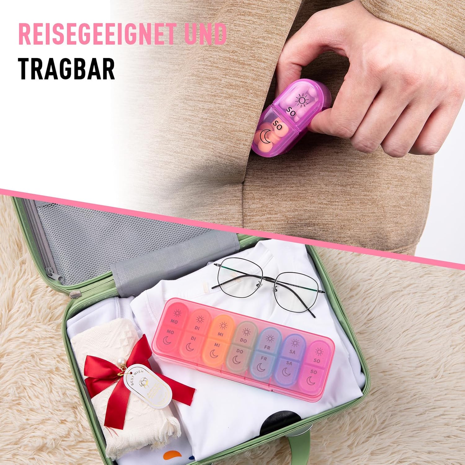 Detalle 2 de Doruimi Tablettenbox 7 Tage Morgens Abends – BPA-frei, kompakt und belastbar in Rosa