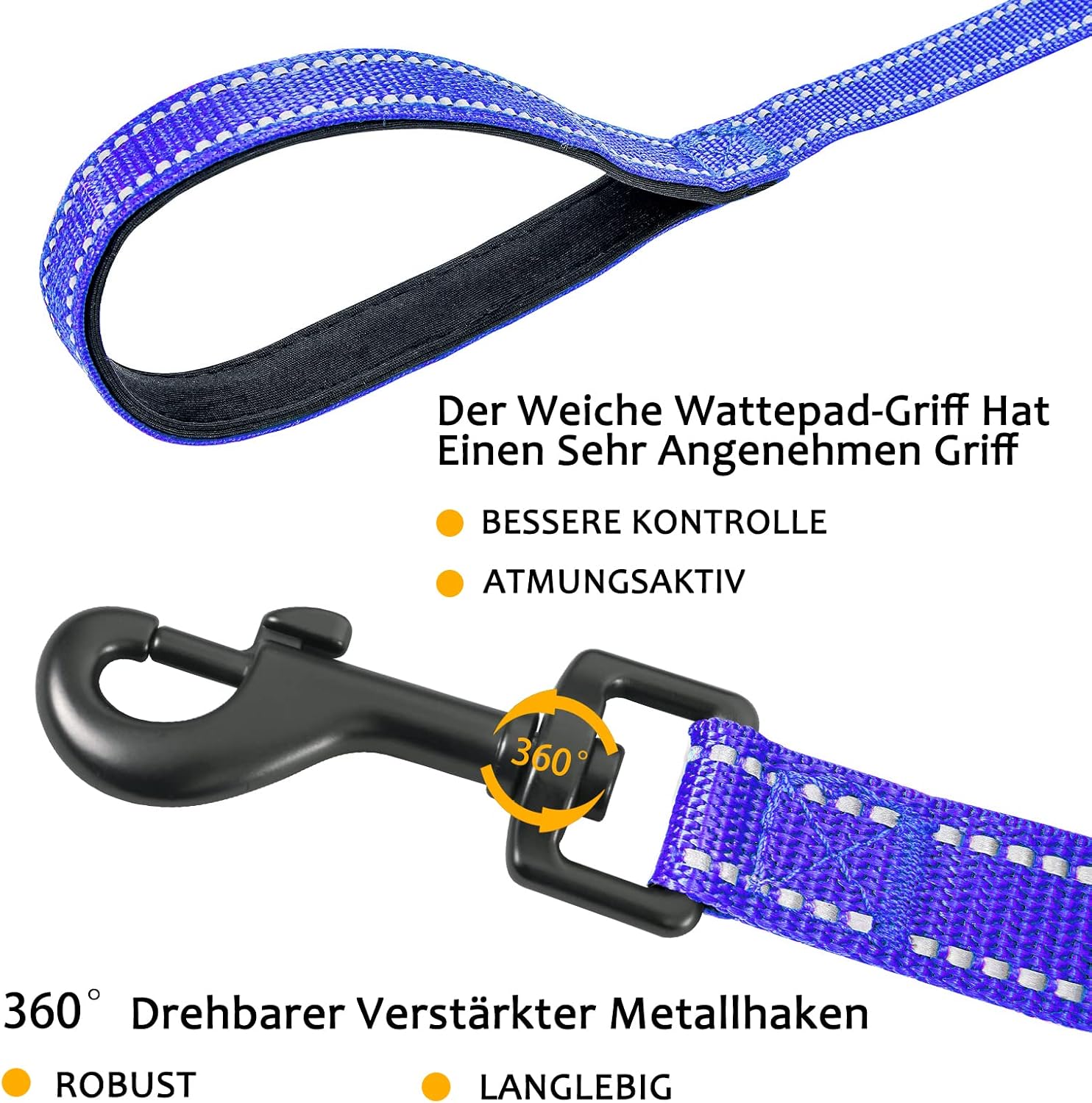 Detalle 2 de Demigreat Schleppleine für Hunde mit reflektierenden Streifen, gepolstertem Griff und Handschlaufe (3–20 m)