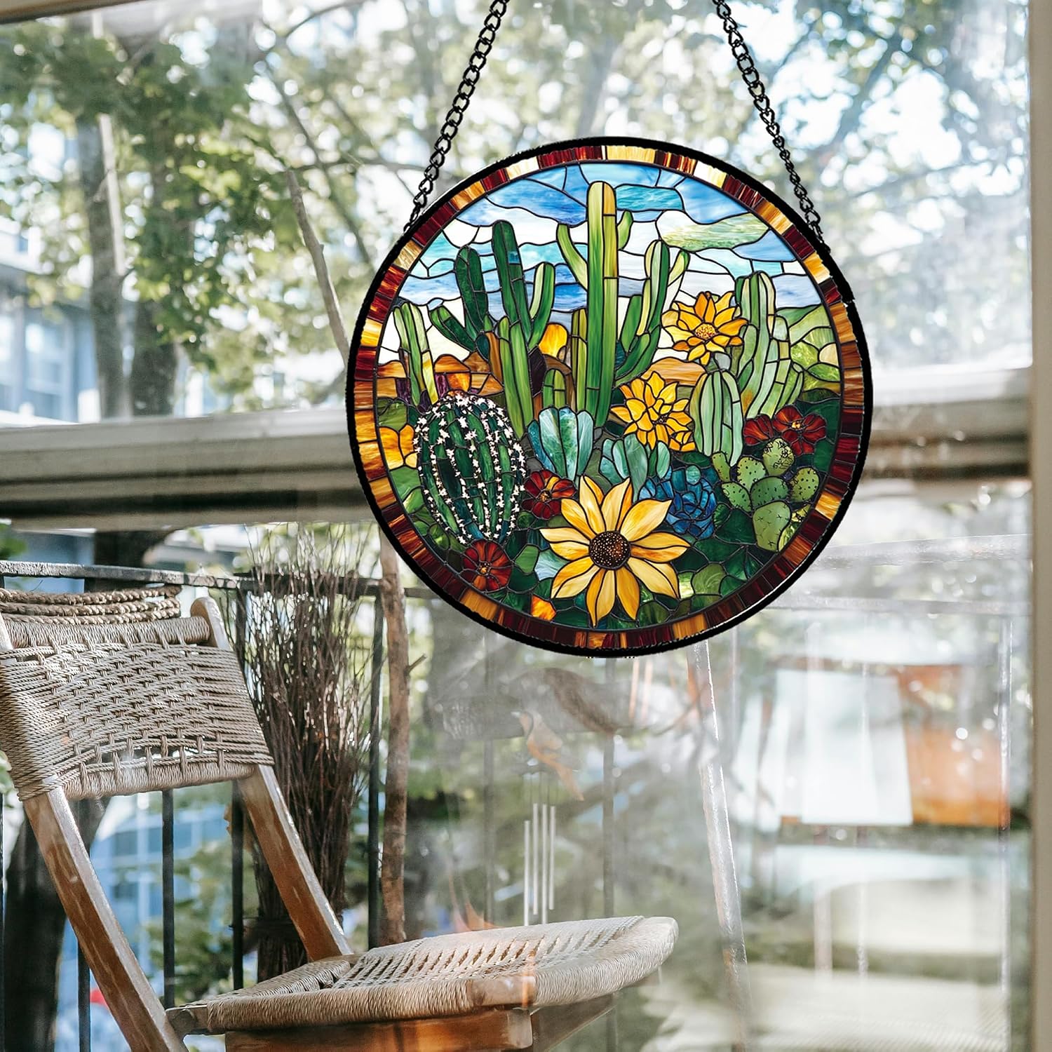 Detalle de QZQCBLC Stained Glass Cactus Suncatcher, Green with Yellow Flowers, 6.3-Inch
