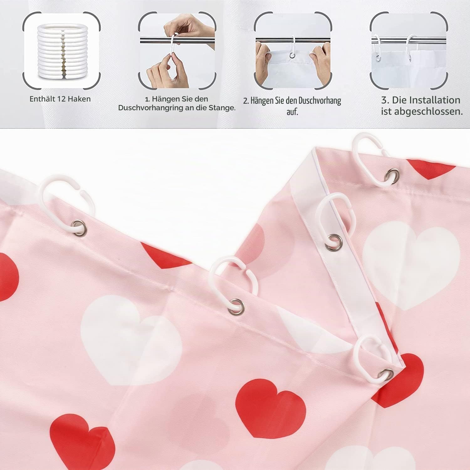 Detalle de GCIREC Duschvorhang 180x200 cm – Valentinstag Herzdesign, wasserdicht, maschinenwaschbar