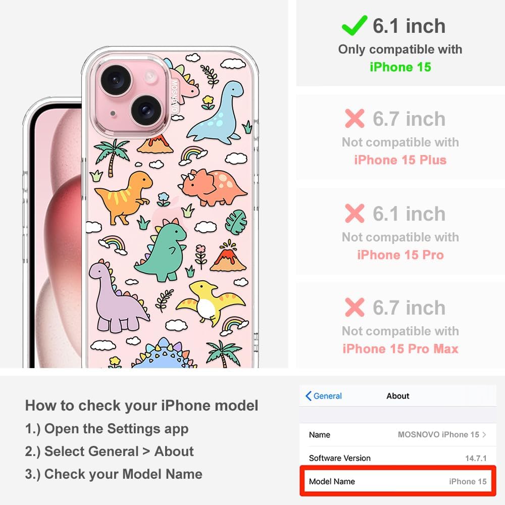 Thumbnail 1 de MOSNOVO Case for iPhone 15 (6.1-inch) — Clear TPU Bumper + Dual-Layer Drop Protection (Dinosaur Land)