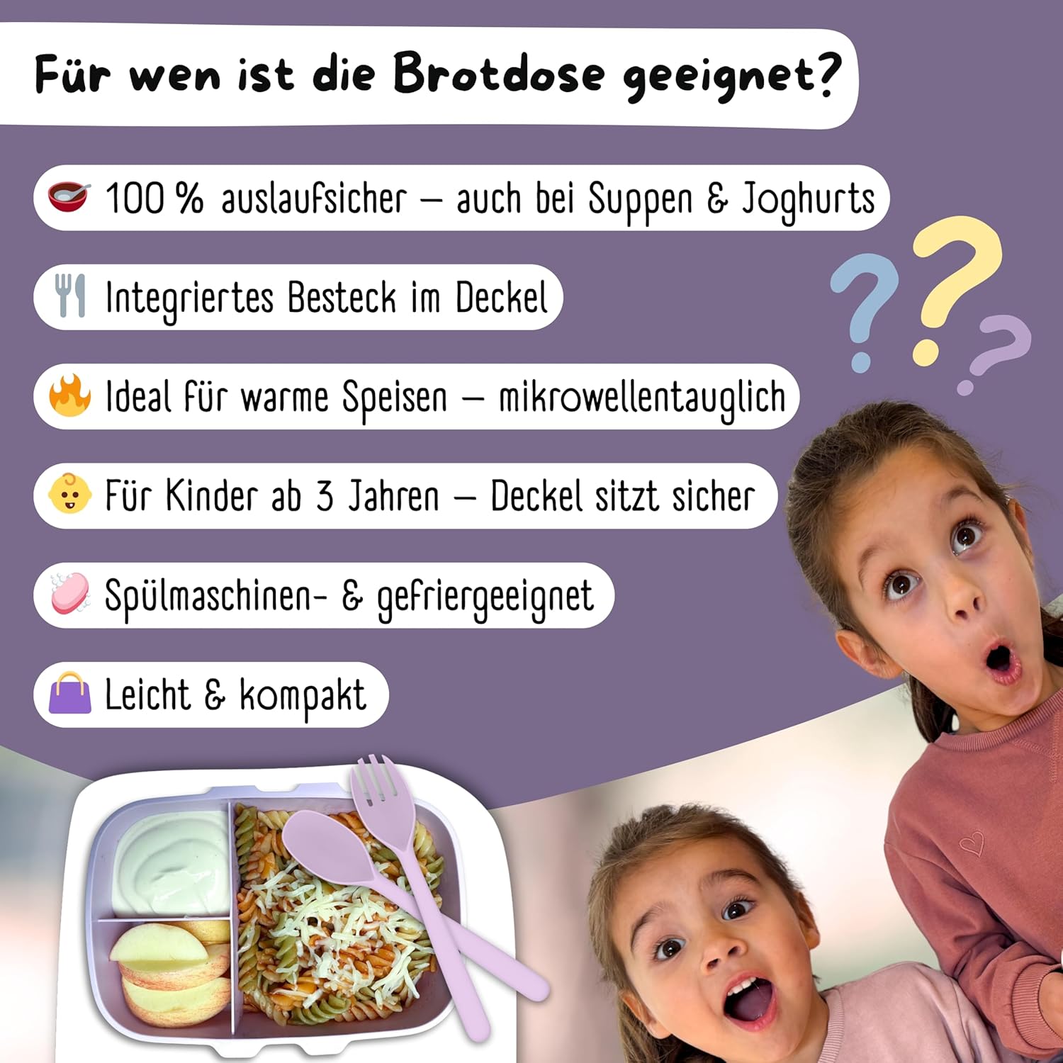 Thumbnail 4 de BEARFOOT Brotdose Kinder mit Fächern (BPA-frei, auslaufsicher) – Lunchbox mit Bento-Box-Teiler, Sticker-lila
