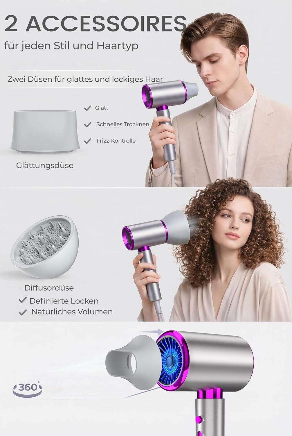 Detalle 2 de DMTIVMG 2400W Ionen-Haartrockner mit Kaltluftstufe – leiser Haartrockner für Zuhause