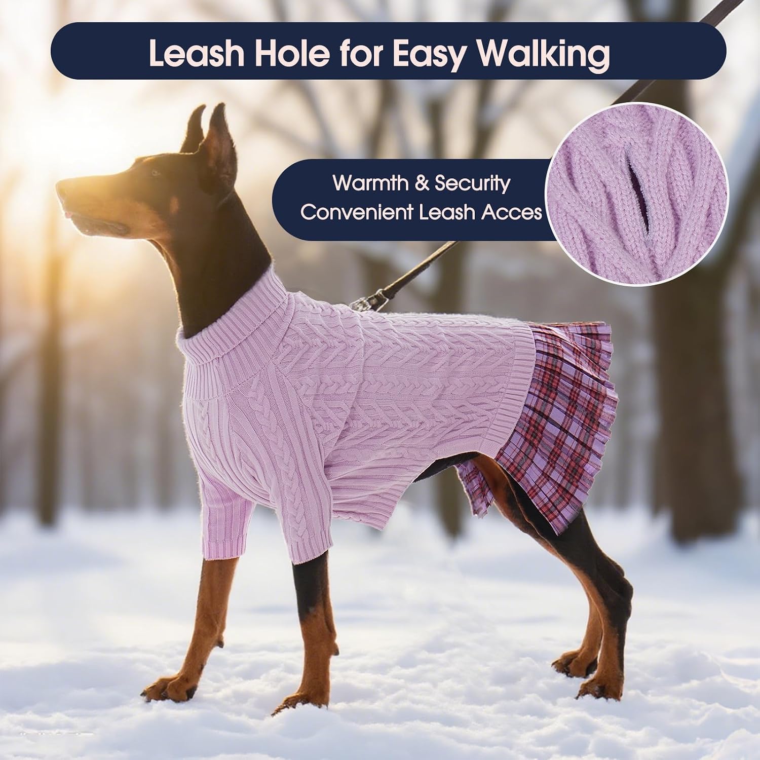 Detalle de IECOii Dog Sweater Dress, Large Knit Turtleneck with Plaid Skirt and Leash Hole