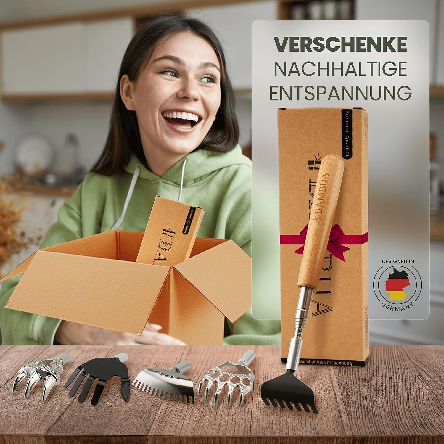 Thumbnail 6 de BAMBUA Rückenkratzer Ausziehbar 5 Aufsätze 🪵