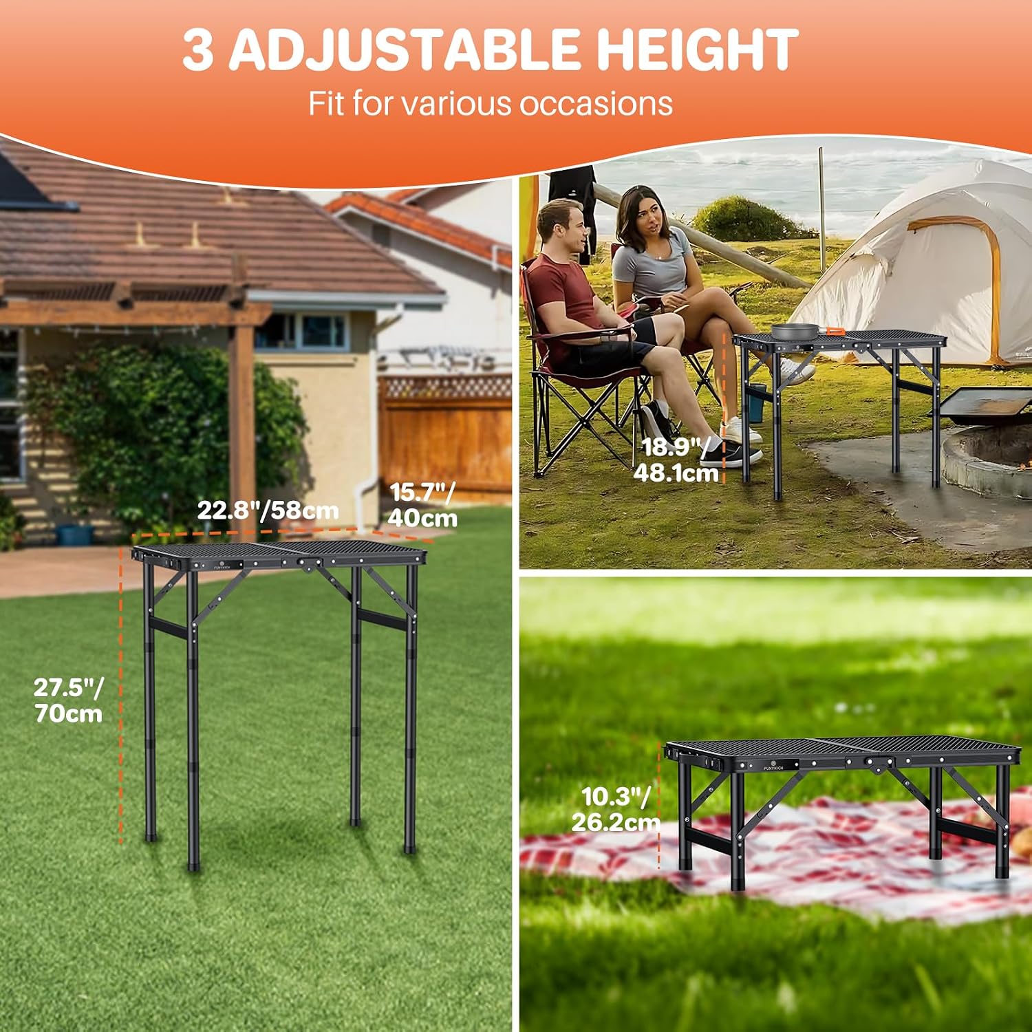 Detalle de FUNYKICH FUN021UKA Folding Grill Table, 3 Heights, 58 x 40 cm, Black