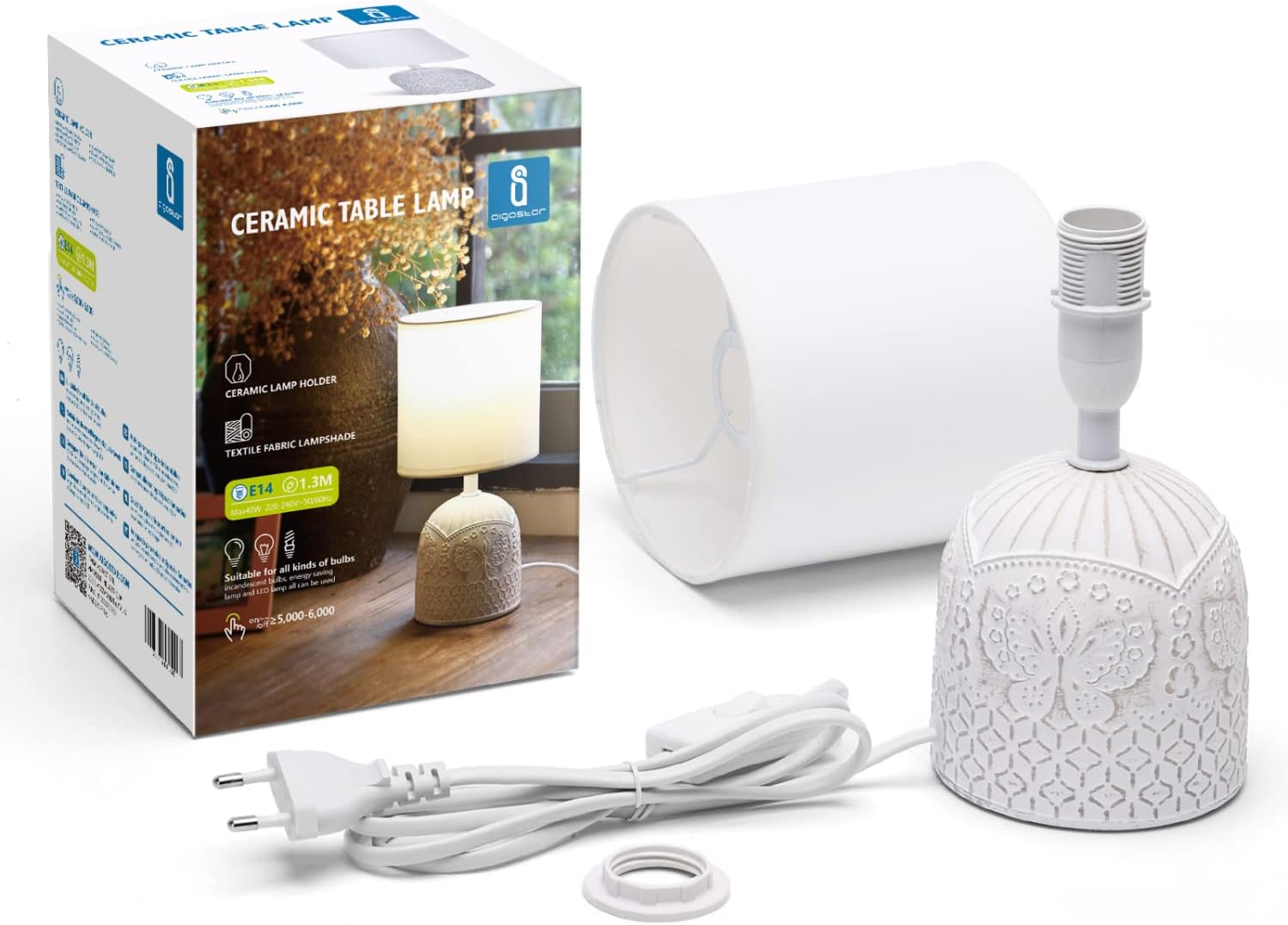 Thumbnail 4 de Aigostar lampada da comodino vintage in ceramica con paralume in stoffa e attacco E14