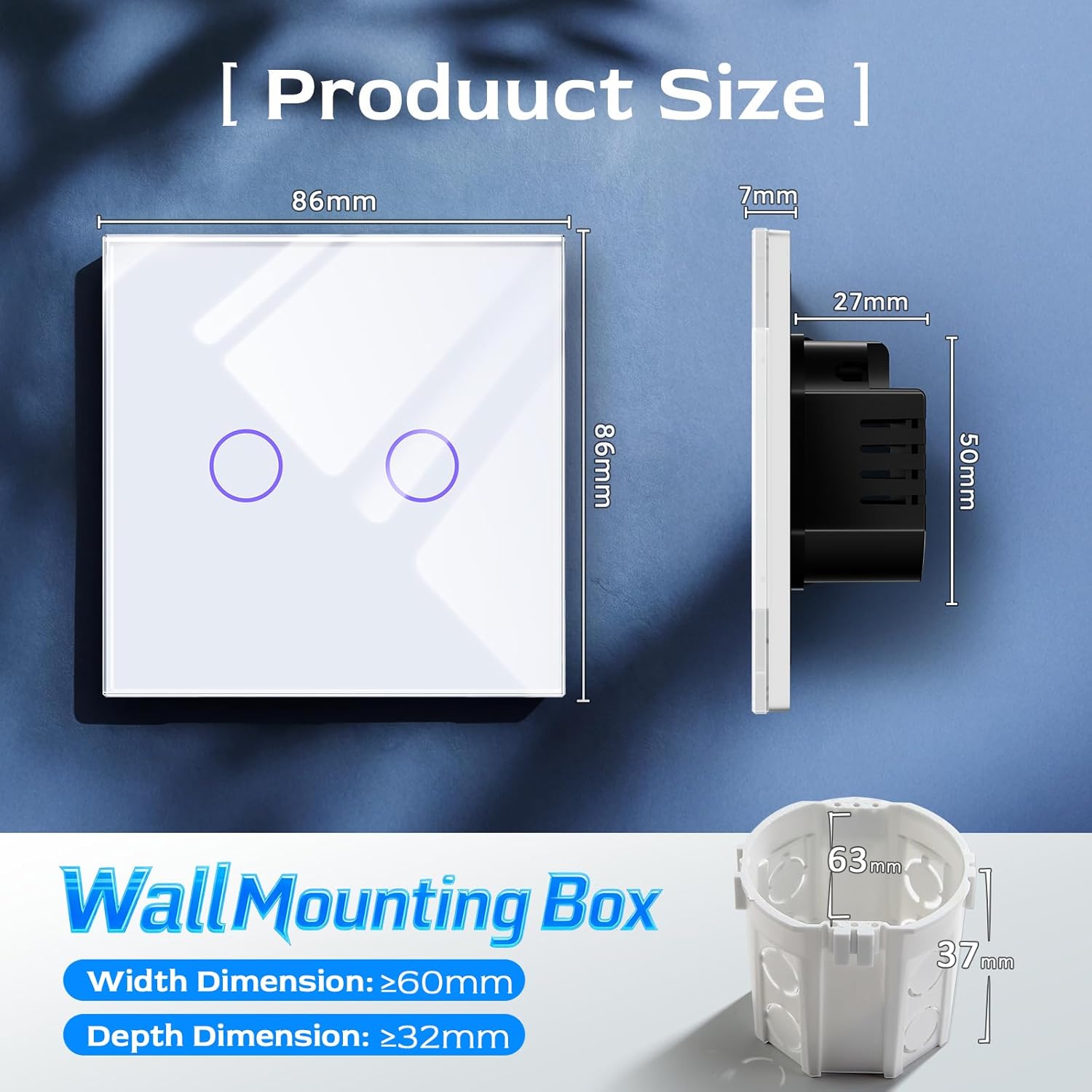 Thumbnail 1 de BSEED 2 Pack Touch Light Switch 2 Gang 2 Way (Tempered Glass, LED Indicator) – White, no neutral wire