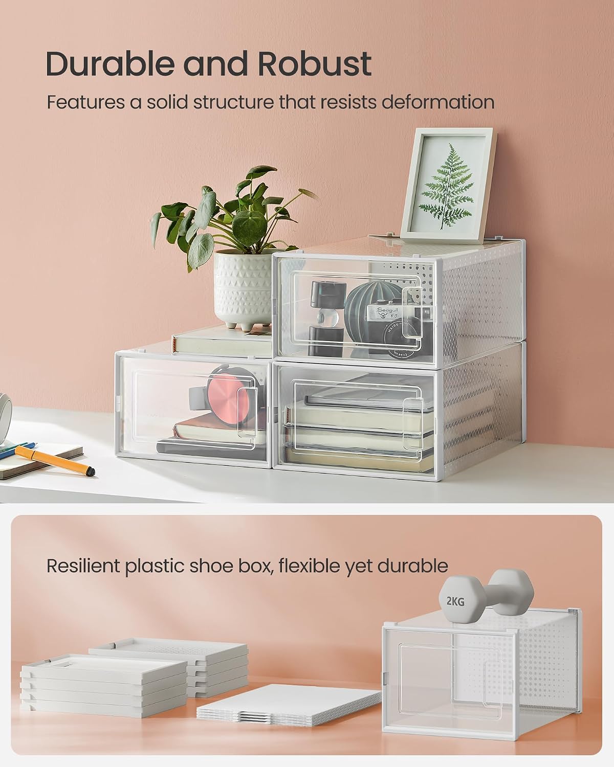 Detalle 1 de SONGMICS ULSP18SWT Shoe Boxes, Set of 18, Stackable with Clear Front Doors