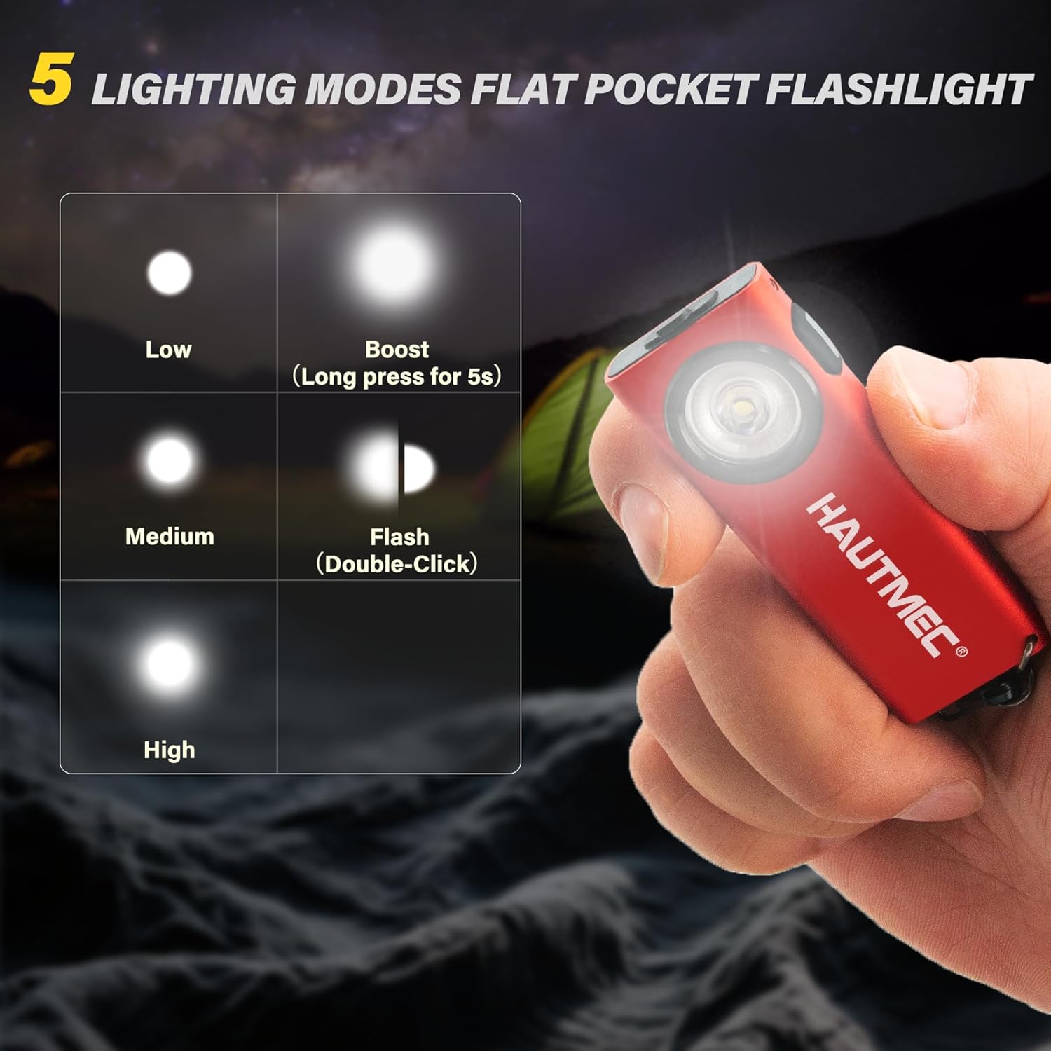 Thumbnail 2 de HAUTMEC Mini EDC Torch (HT0332) rechargeable flashlight with Type-C charging, magnetic base and clip, up to 400 lumens