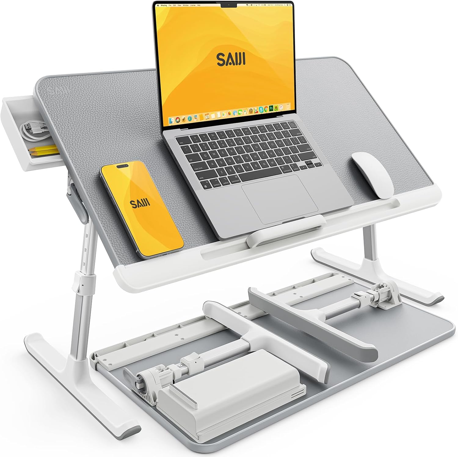 Detalle de SAIJI Tisch Bett: 100% E0 Eco Holzplatte, verstellbarer Laptop-Betttisch mit PVC-Leder-Desktop