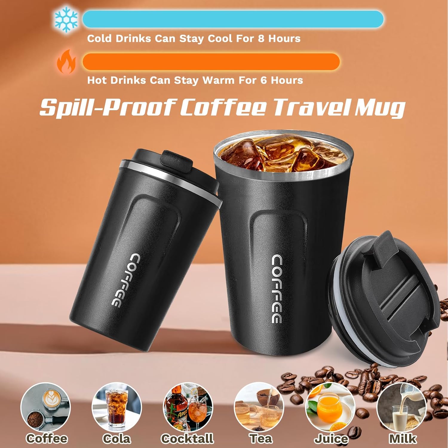 Detalle 2 de SPLMIFA 12oz leak-proof stainless steel vacuum travel coffee mug with lid (Black)