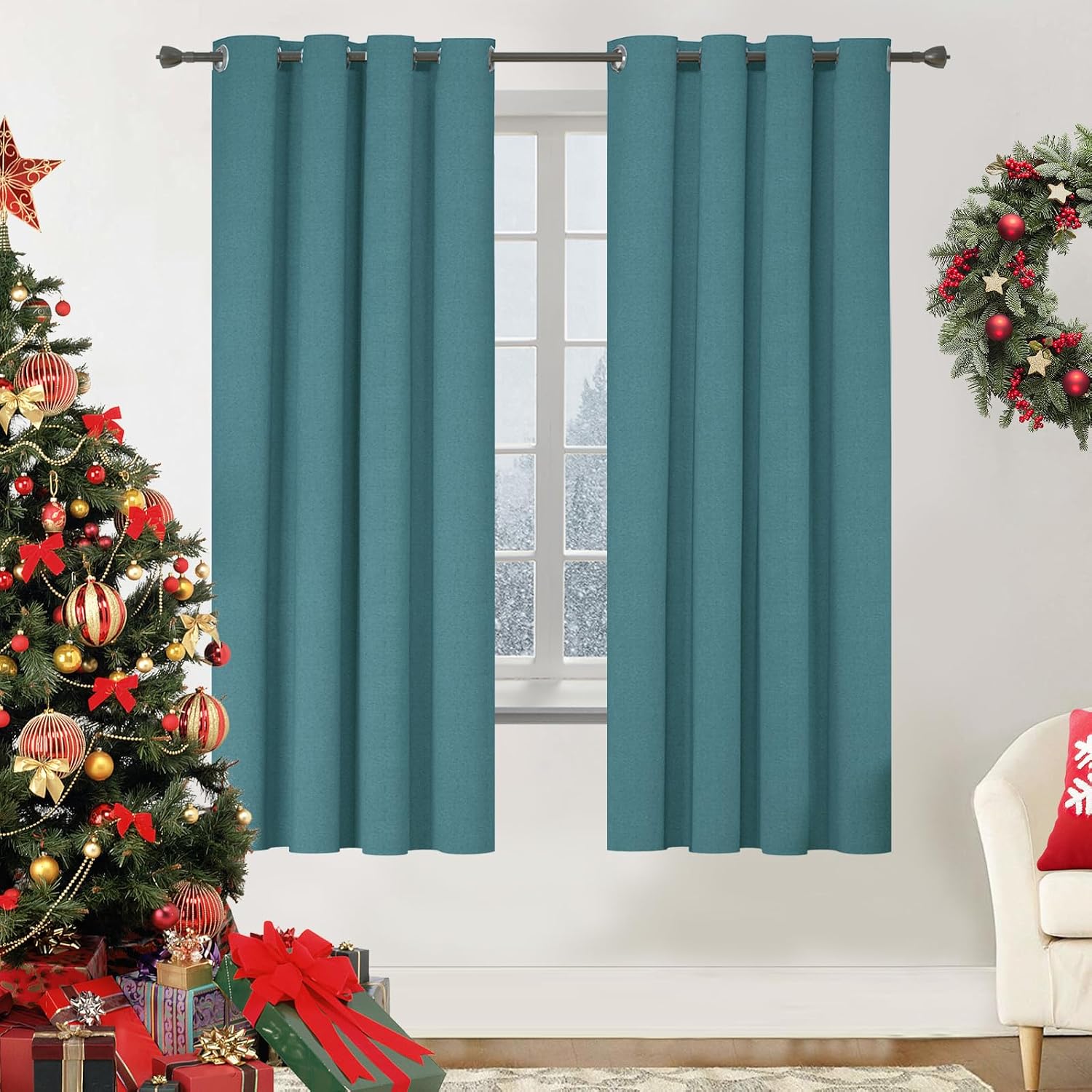 Detalle de YSTELLAA Rideau 100% occultant lot de 2, 140×240 cm effet lin (anti-froid, anti-chaleur, anti-bruit) avec œillets, vert