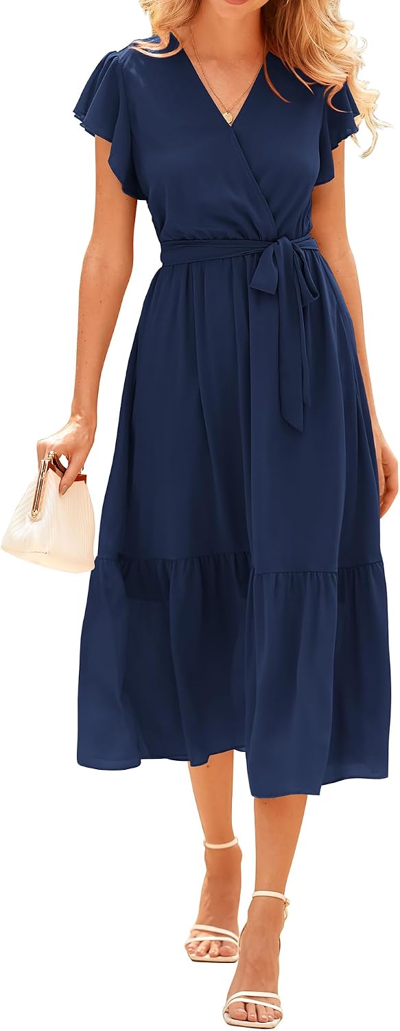 Detalle de BTFBM Women Summer Bohemian Floral Wrap Midi Dress with V-Neck and Ruffle Cap Sleeves