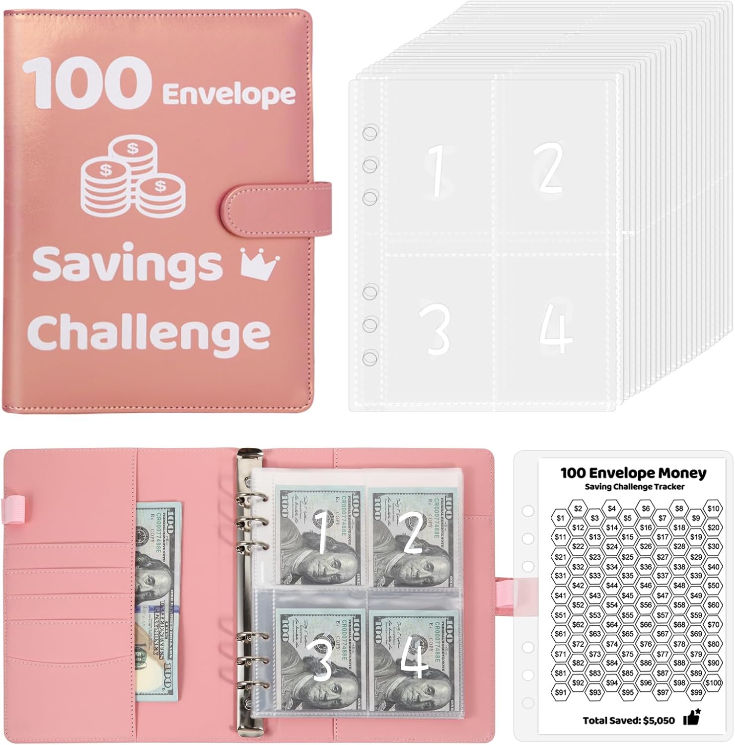 Detalle de DuyaJoinX 100 Day Money Savings Challenge Binder, Rose Gold A5 with Cash Envelopes