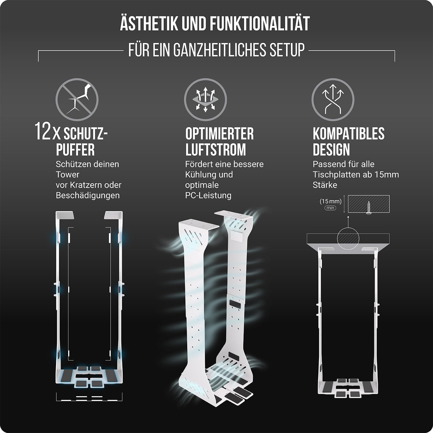 Detalle de PC Halterung unter dem Schreibtisch – Schwerlast-Tower-Halterung bis 35 kg (Weiß)