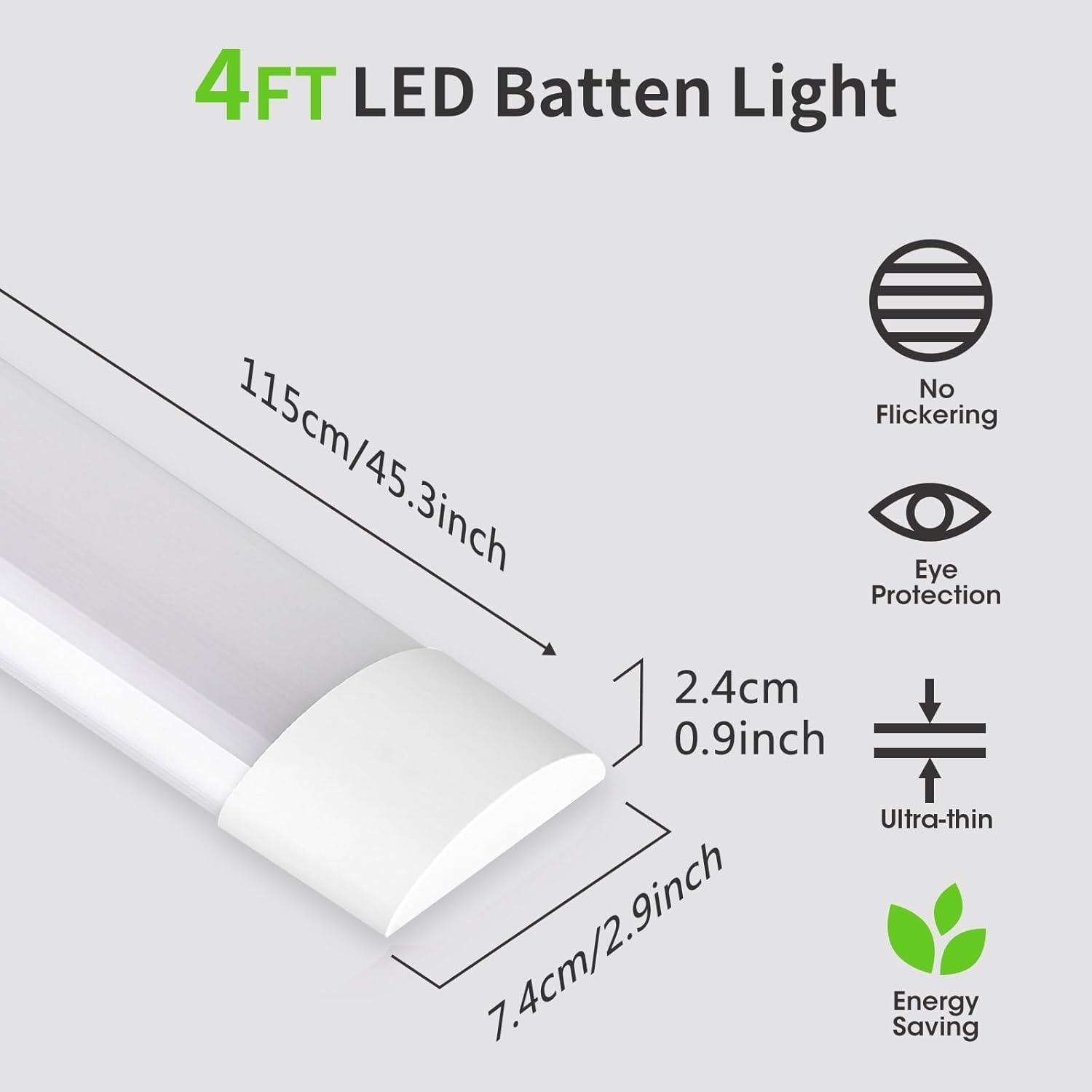 Detalle 2 de HUMIGA 4 Pack 4ft LED Batten Light (40W, 3600lm) – Neutral White 4000K, IP20