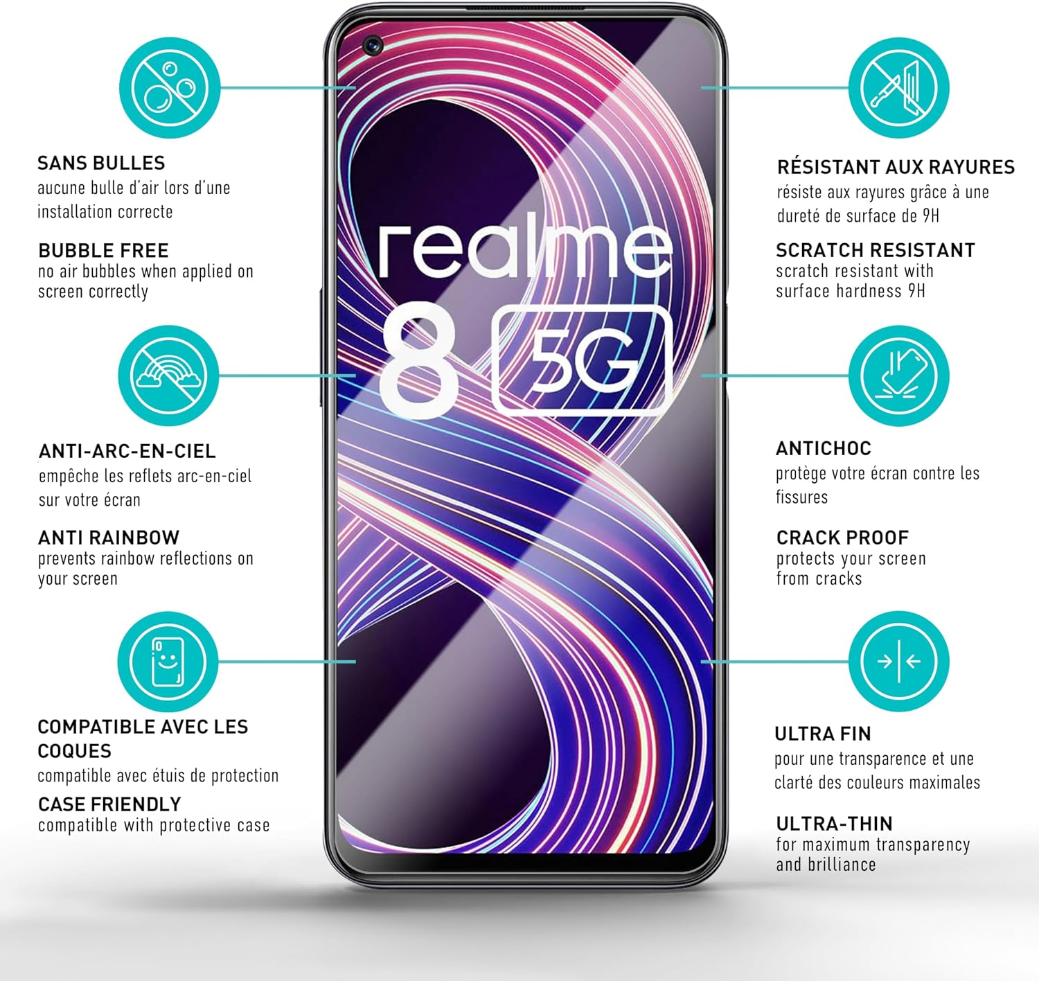 Detalle 2 de smartect Verre Trempé 3 pièces Clear (dureté 9H) pour Realme 8 5G