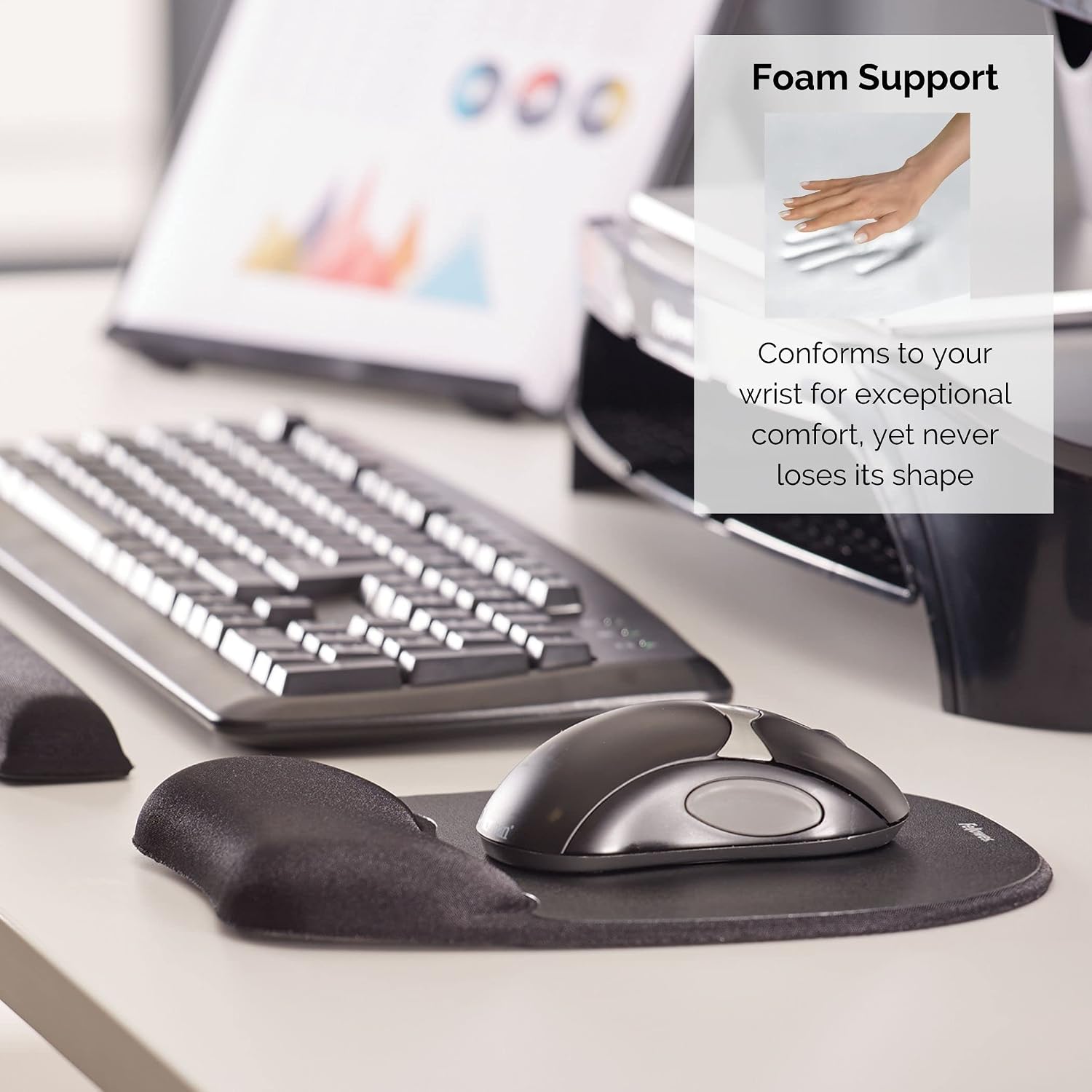 Detalle de Fellowes Memory Foam Mouse Mat with Wrist Support – Ergonomic Pad for Comfort and Support